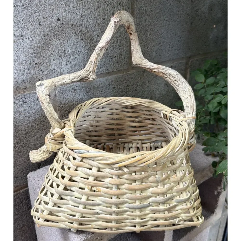 Vintage Basket With Natural Woven Vine Handle Unique Primitive Decor Signed